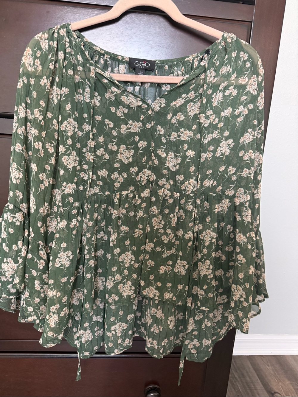 GGO Green Floral Tiered Peasant Blouse